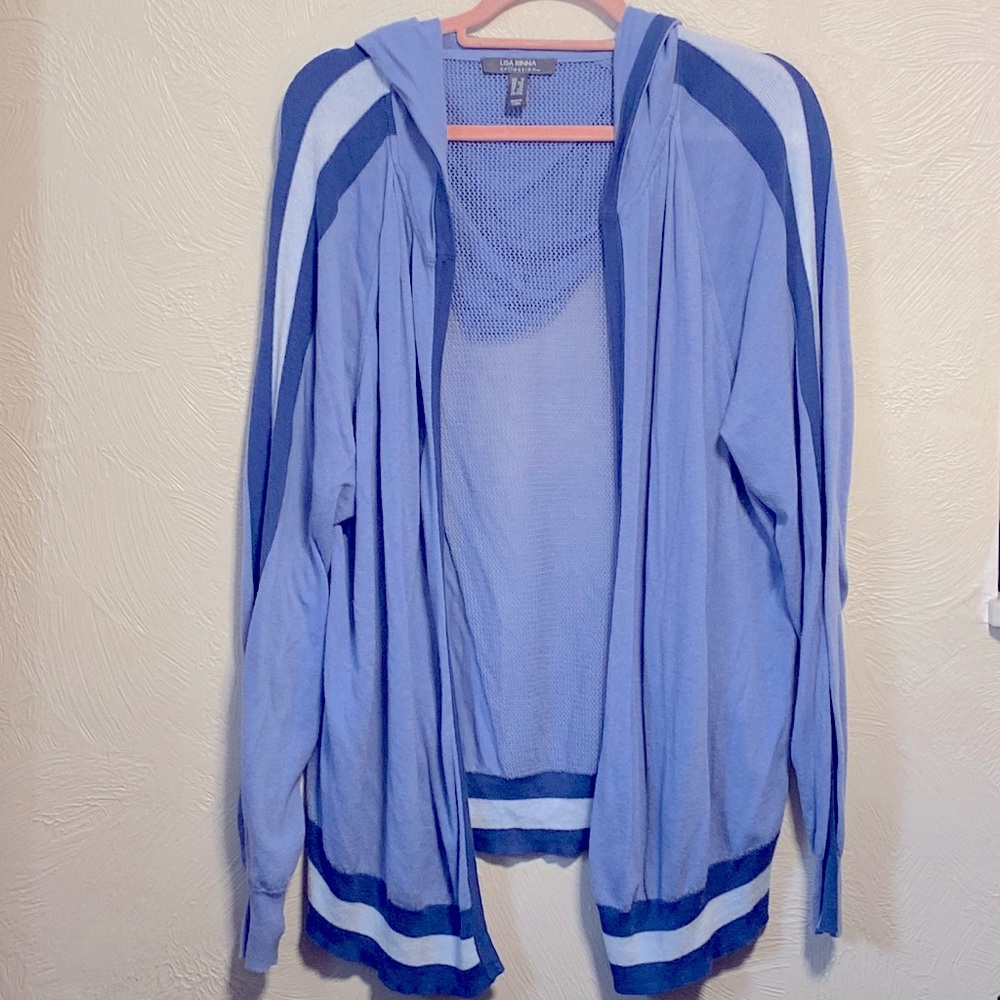 Lt Blue , 1X hooded cardigan sweater, sporty. Lisa Rhinna